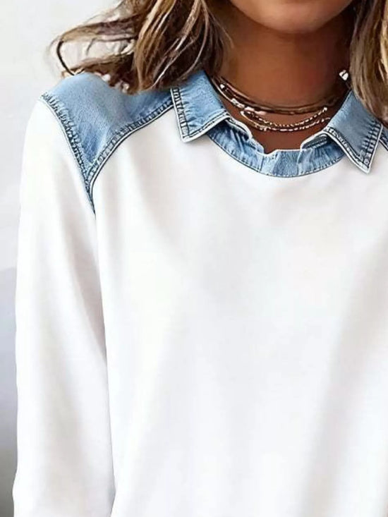 Top de manga larga con detalle vaquero talla grande - Detalle vaquero