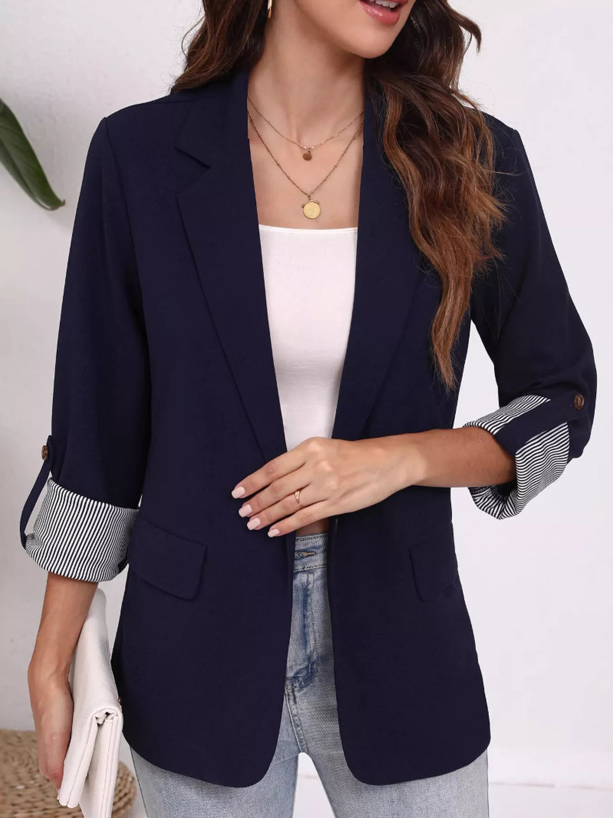 blazer cuello solapa manga enrollada mujer vista frontal
