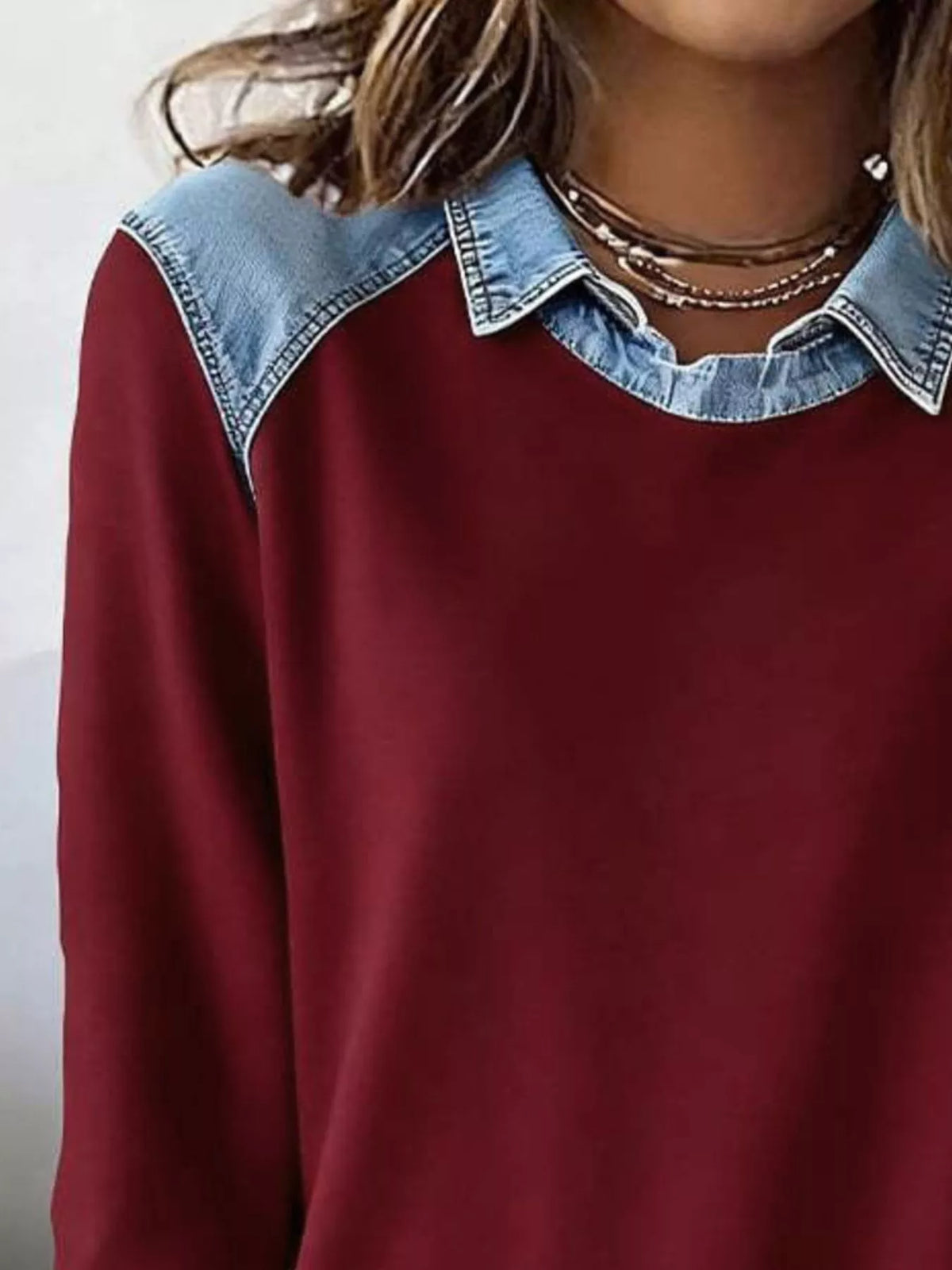 Top de manga larga con detalle vaquero talla grande - Detalle vaquero
