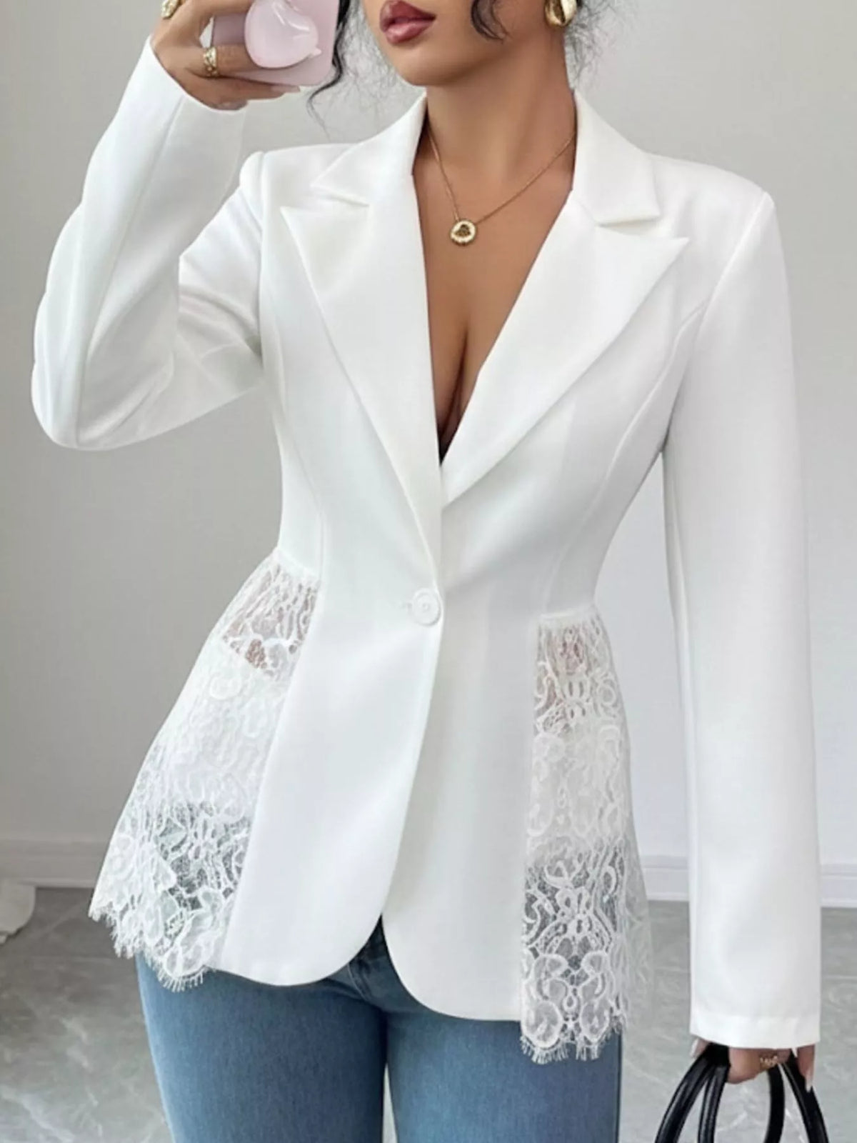blazer un botón detalle encaje mujer vista frontal