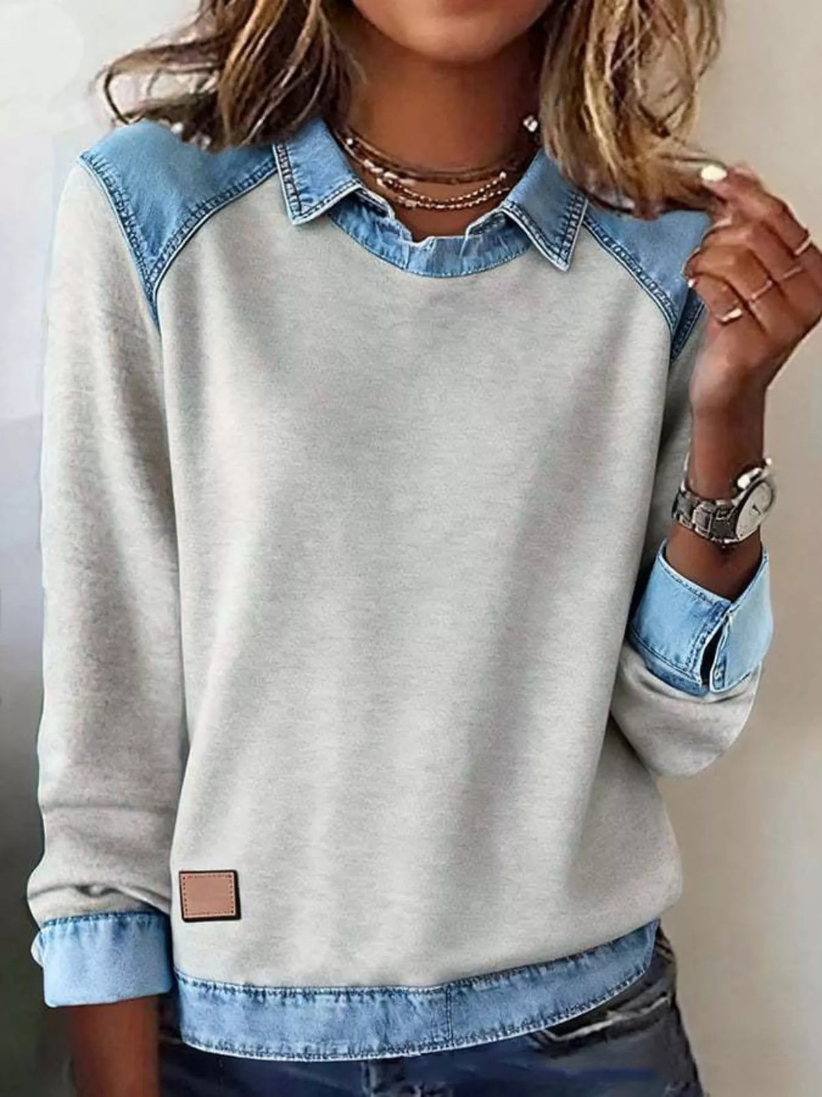 Top de manga larga con detalle vaquero talla grande - Vista frontal