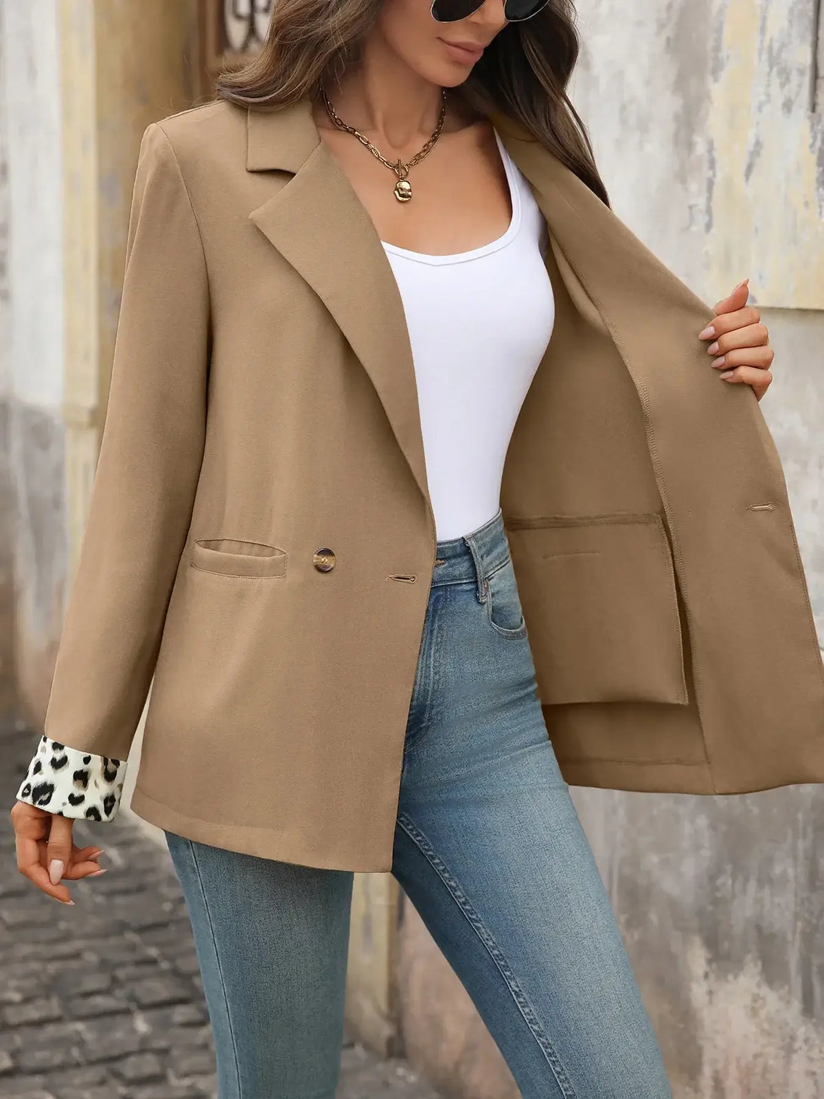 Blazer de cuello solapa con puños de leopardo manga larga - Look casual