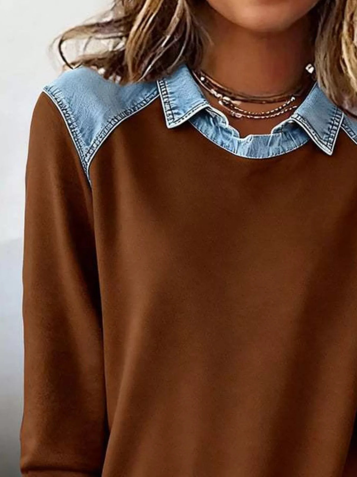 Top de manga larga con detalle vaquero talla grande - Detalle vaquero