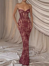Vestido Maxi sin Tirantes con Cordones en la Espalda, diseño de encaje atractivo y ligeramente elástico.