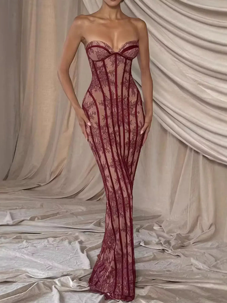 Vestido Maxi sin Tirantes con Cordones en la Espalda, diseño de encaje atractivo y ligeramente elástico.