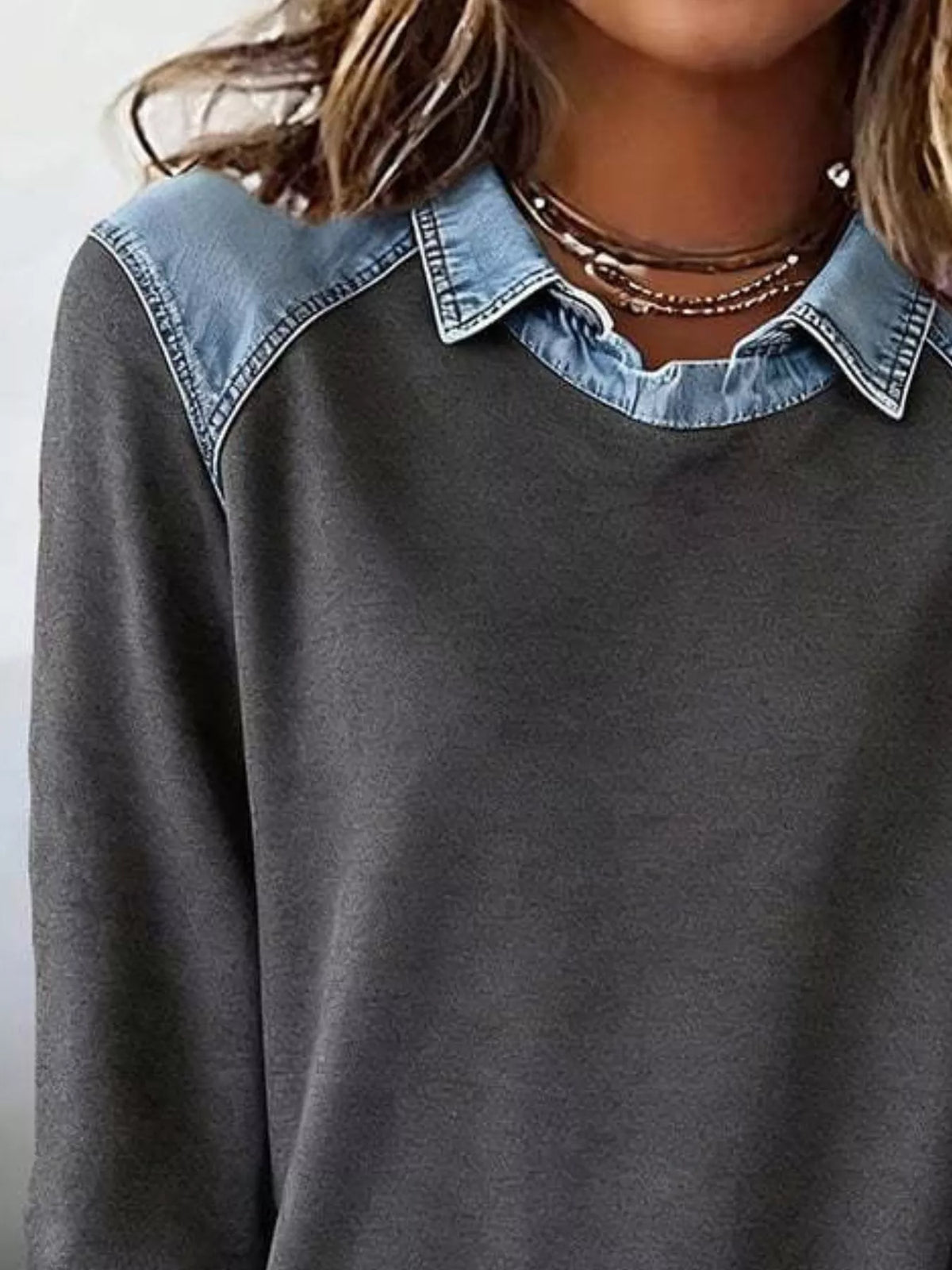 Top de manga larga con detalle vaquero talla grande - Detalle vaquero