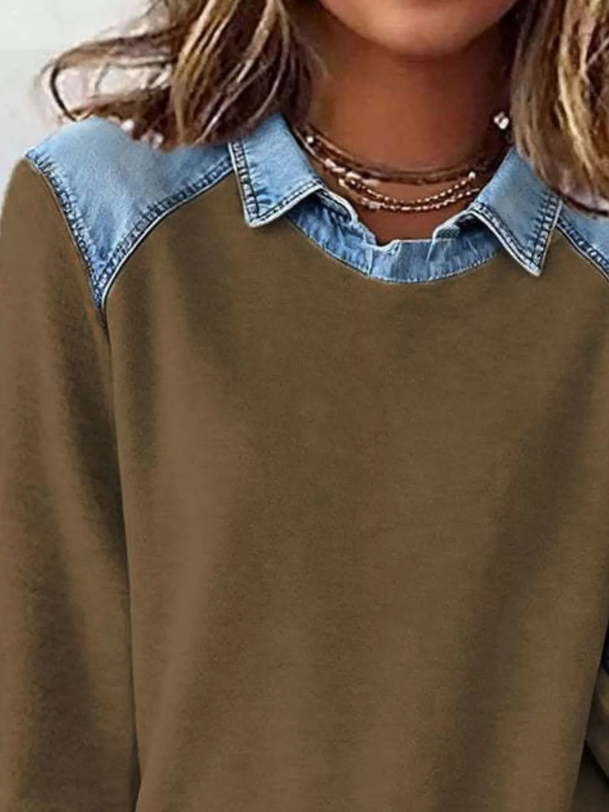 Top de manga larga con detalle vaquero talla grande - Detalle vaquero