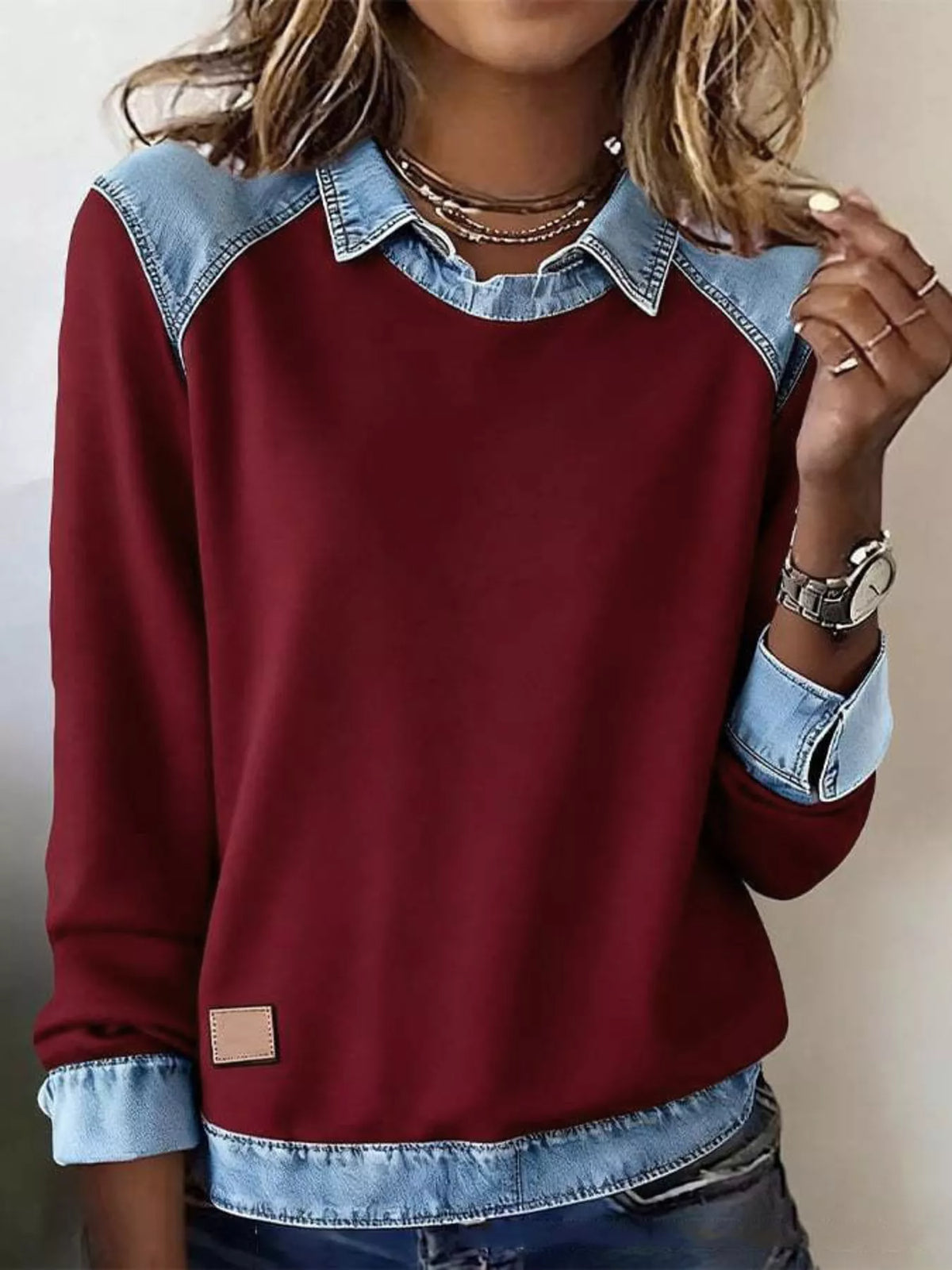 Top de manga larga con detalle vaquero talla grande - Vista frontal