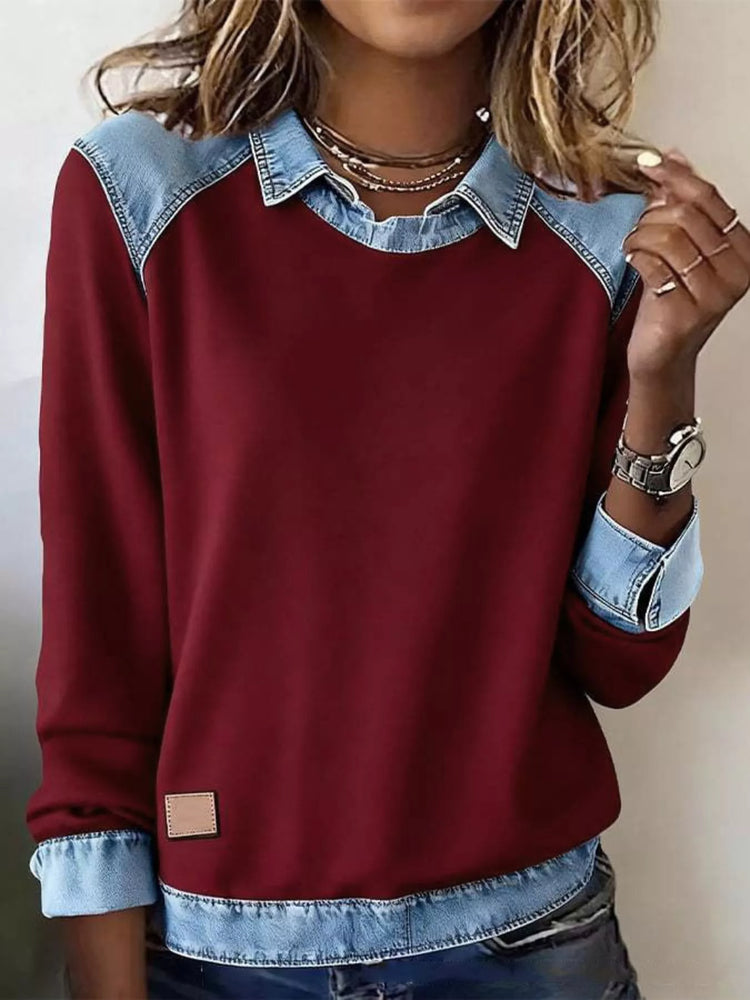 Top de manga larga con detalle vaquero talla grande - Vista frontal