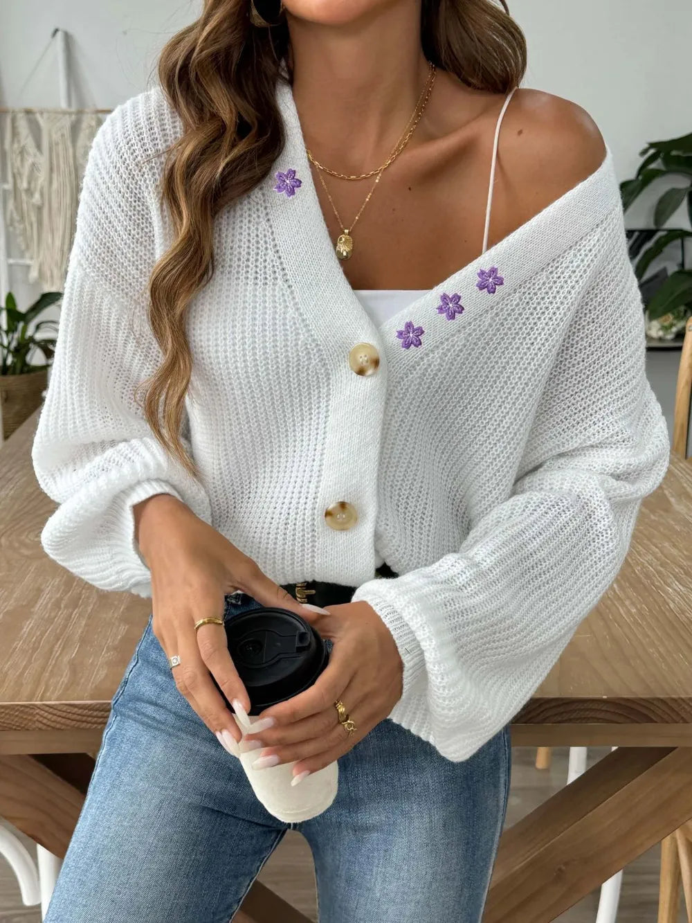 Cardigan manga larga botones mujer escote en V - Detalle botones