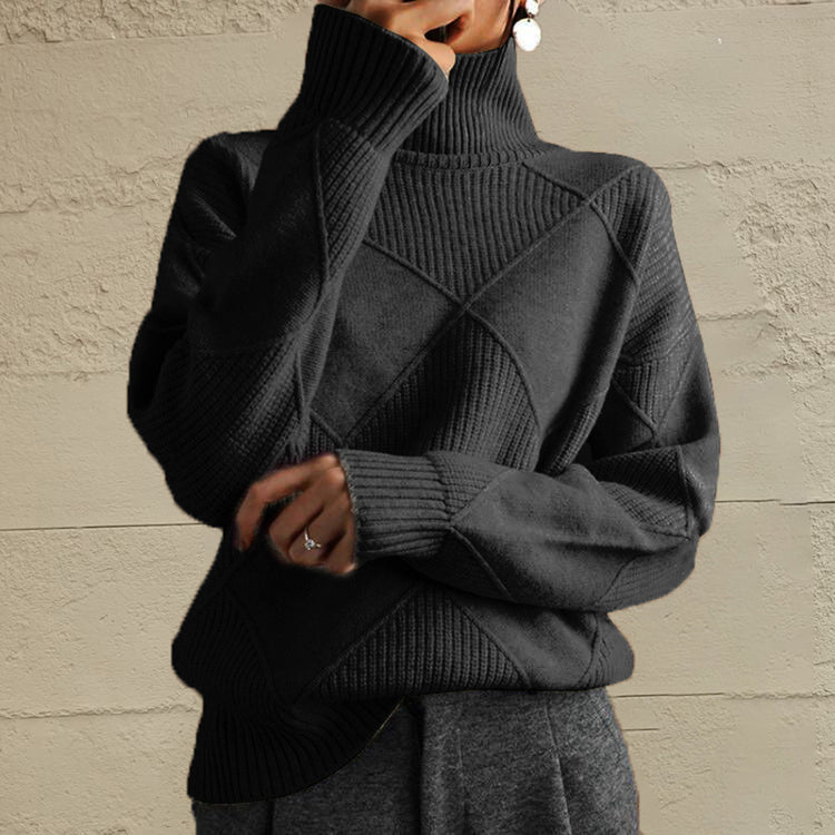 	Look con jersey geometrico cuello alto y vaqueros - Esencia Mujer