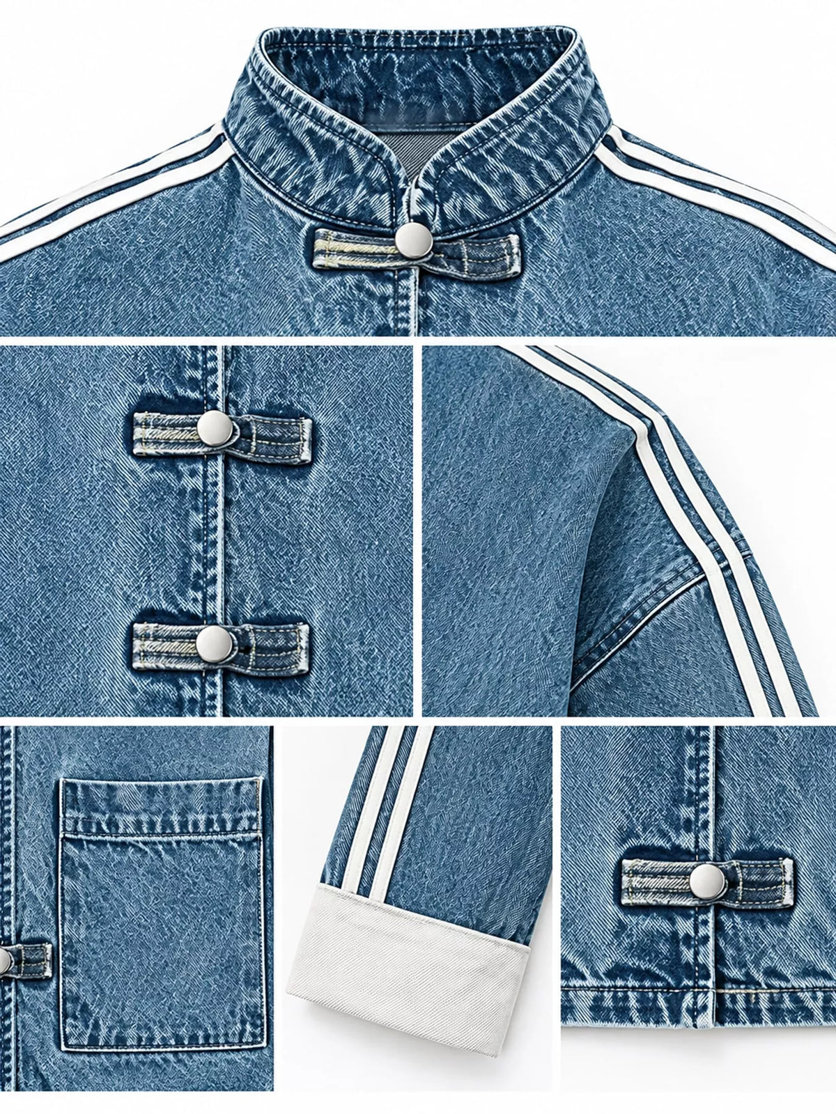 Chaqueta Vaquera Cuello Mao Botones Estilo Chino - vista lateral denim