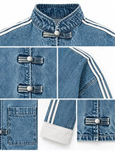 Chaqueta Vaquera Cuello Mao Botones Estilo Chino - vista lateral denim