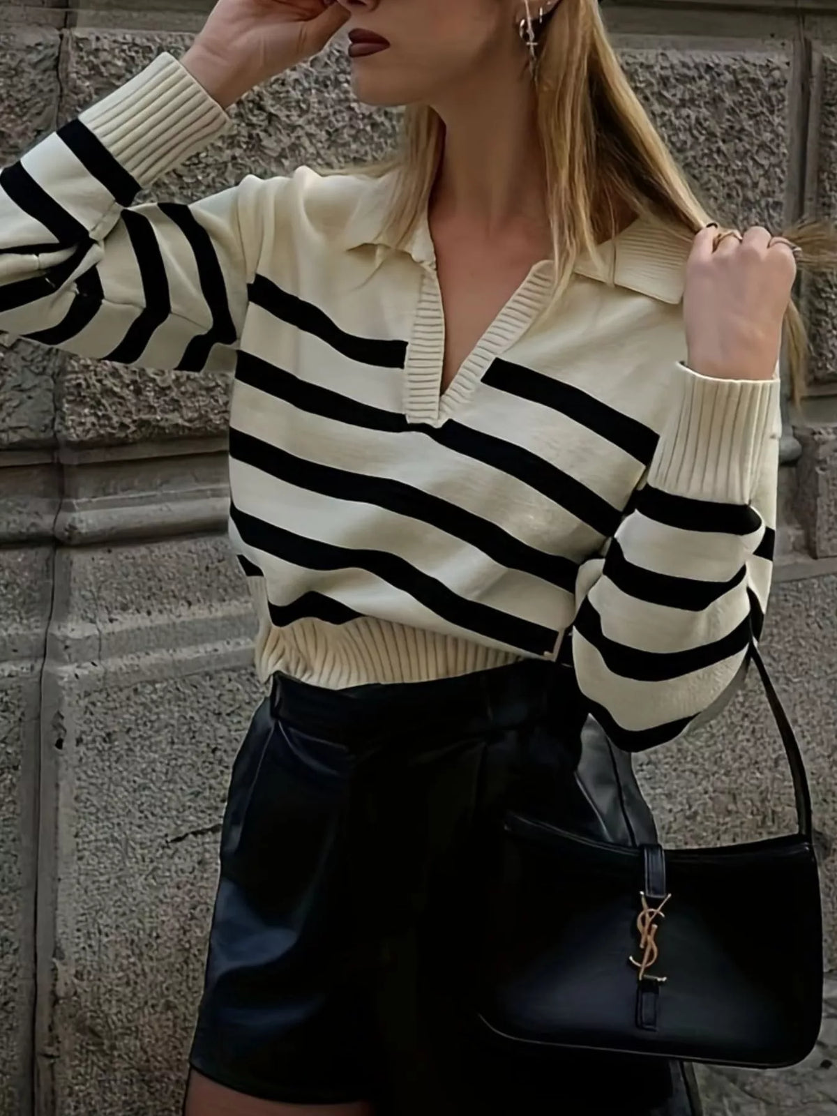 Jersey de punto cuello polo a rayas mujer - Vista trasera