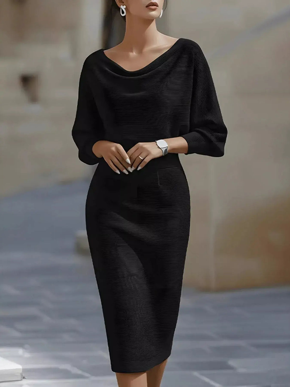 Vestido bodycon cuello halter negro, estilo básico y ligeramente elástico, perfecto para cualquier ocasión.